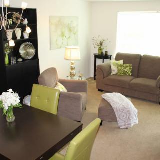 A modern living room with cozy furniture and stylish decor.