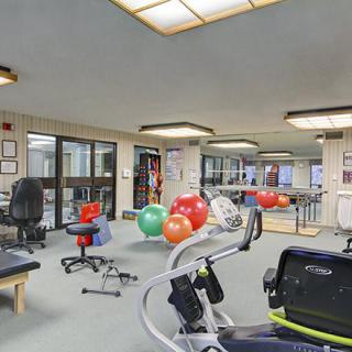A spacious gym area with various exercise equipment including treadmills and colorful exercise balls.