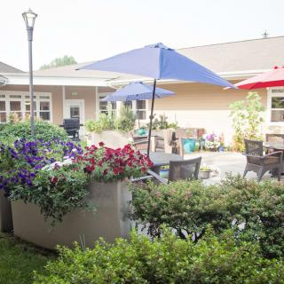 A cozy outdoor patio area with colorful umbrellas, surrounded by lush flowers and greenery.