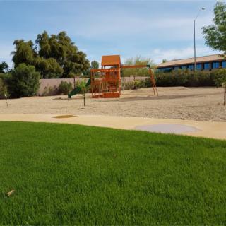 A sunny outdoor playground surrounded by grass and trees.