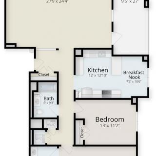 A detailed floor plan of an apartment showing the layout of rooms including a bedroom, kitchen, and living area.