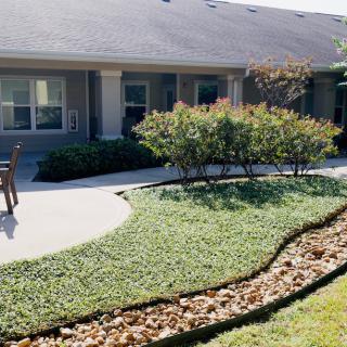 A neatly landscaped garden with a patio and pathway in front of a house.