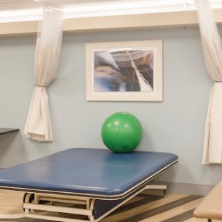 A serene therapy room featuring a blue exercise table and a vibrant green exercise ball.