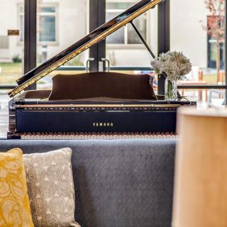 A modern living room featuring a grand piano and cozy decor.