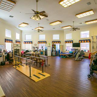 A spacious rehabilitation center equipped with various physical therapy tools and exercise equipment.