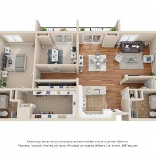 A 3D floor plan of a modern apartment featuring two bedrooms, two bathrooms, a kitchen, and a living area.