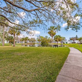 A scenic park with a winding pathway surrounded by trees and benches.