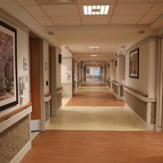 A quiet hospital corridor with warm lighting and artwork on the walls.