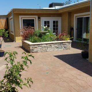 A sunny courtyard with a central garden area surrounded by a patio.