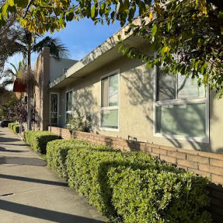 A sunny day showcasing a well-maintained residential building with neatly trimmed bushes along the sidewalk.