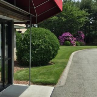 A building entrance with an awning, surrounded by landscaped bushes and colorful flowers along a driveway.