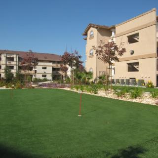 A view of apartment buildings with a well-maintained lawn on a sunny day.