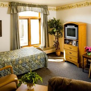 A cozy bedroom featuring a bed, wooden furniture, a television, and decorative plants.
