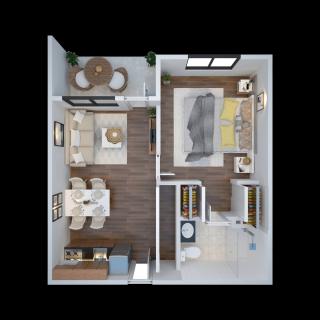 A detailed floor plan of a one-bedroom apartment with labeled rooms.