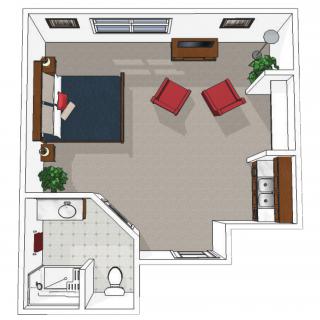 A simple floor plan depicting a bedroom and bathroom with basic furniture layout.