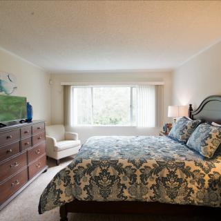 A cozy bedroom featuring a large bed with patterned bedding, a wooden dresser, an armchair, and a bright window.