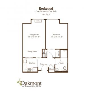 Floor plan of a Redwood one-bedroom apartment at Oakmont.