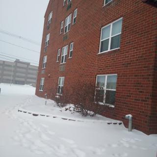 A brick building partially covered in snow during a winter snowfall.