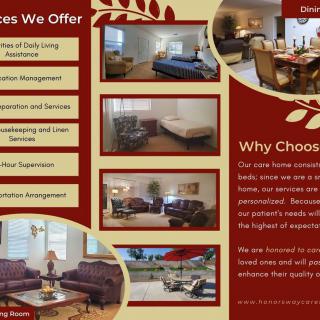 A brochure page showcasing services and amenities offered by a senior living facility.