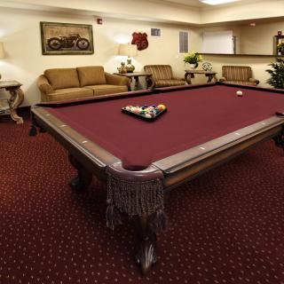 A cozy game room featuring a pool table and comfortable seating.