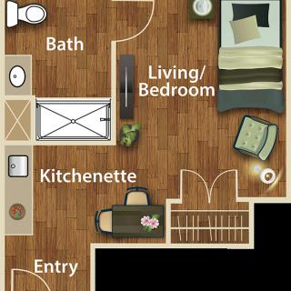 A floor plan of a studio apartment featuring a combined living and bedroom area, kitchenette, and bathroom.