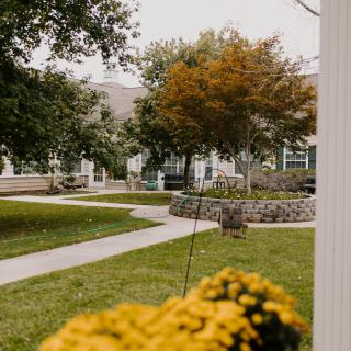 A serene garden setting with pathways, trees in autumn colors, and blooming flowers.