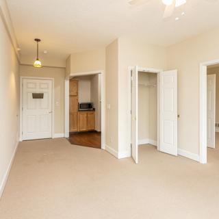 An empty apartment interior with neutral colors, featuring a carpeted floor, built-in closet, and light fixture.