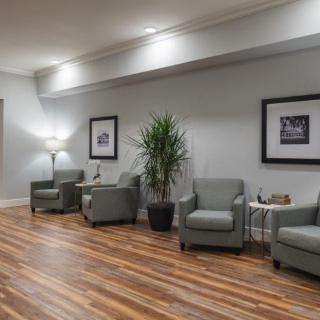 A modern waiting room with comfortable chairs, a potted plant, and framed artwork on the walls.