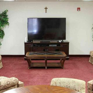 A cozy living room with a television, sofa chairs, and decorative plants.