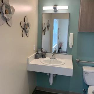 A modern bathroom with a sink, mirror, and decorative wall art.