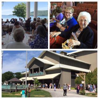A collage of a social event with seniors enjoying a gathering, including scenes of people seated outdoors and inside a theater, with an exterior view of the building.
