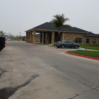 A quiet residential area featuring a brick building and a parked car alongside a palm tree.