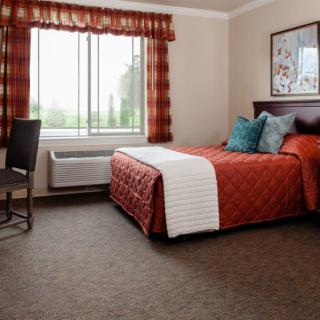 A cozy hotel room with a neatly made bed, a window allowing natural light, and elegant decor.