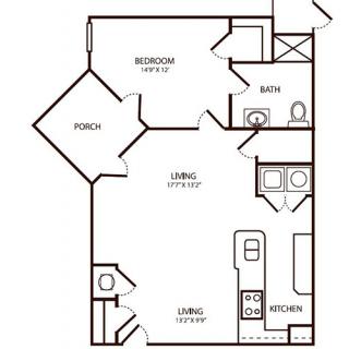 One-bedroom apartment floor plan with living, kitchen, bath, and porch areas.