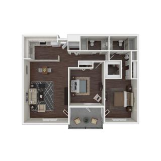 A detailed floor plan of a modern two-bedroom apartment with an open living and dining area.