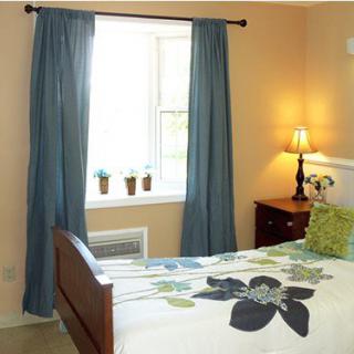 A cozy bedroom with blue curtains, a neatly made bed, and potted plants by the window.