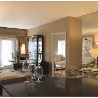 Modern living room with elegant furniture and ample natural light.