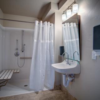 An accessible bathroom featuring a roll-in shower, sink, and handrails.