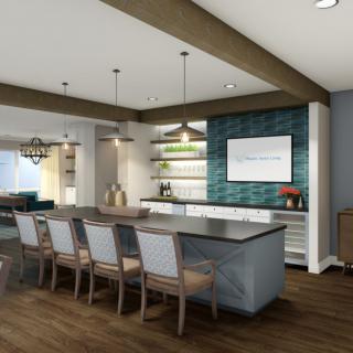 A modern kitchen with a large island, pendant lighting, and open shelving against a textured accent wall.