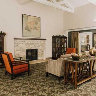 A cozy living room with a fireplace, comfortable seating, and bookshelves.