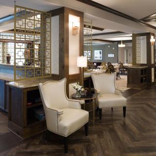 A modern lobby with comfortable seating and elegant interior design.