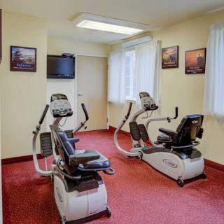 A small gym with two recumbent exercise bikes, carpeted flooring, and a television on the wall.