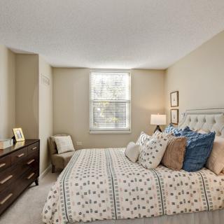 A cozy bedroom featuring a bed with decorative pillows, a dresser, and soft lighting.