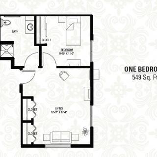 A floor plan of a one-bedroom apartment with a total area of 549 square feet.