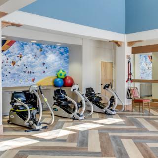 A modern gym with exercise machines lined up against a wall, featuring colorful exercise balls and a large mural in the background.