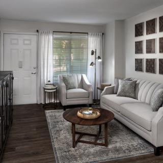 A modern living room featuring a comfortable sofa and armchair, complemented by a wooden coffee table and decorative elements.
