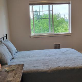 A minimalist bedroom with a bed by the window.