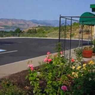 A scenic view with colorful flowers on a garden patio overlooking mountains.
