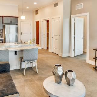Modern apartment interior with an open floor plan featuring a kitchen and living area.