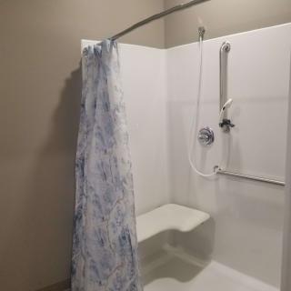 Accessible shower with curtain and handrail.